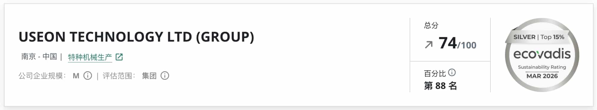 越升科技荣获 EcoVadis 2026 银牌评级